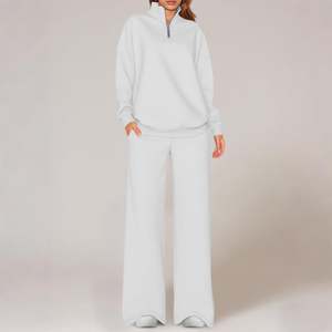 Wholesale OEM Made Women's 2 Piece Outfits Long Sleeve Oversized Half <b>Zip</b> Sweatshirt Wide Leg Jogger Pants Terry Fabric - Product Image 4