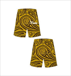 Shorts de basketball personnalisés jaune moutarde avec motif cachemire marron foncé, légers, respirants, en maille, pour l'entraînement sportif et le streetwear - Product Image 1