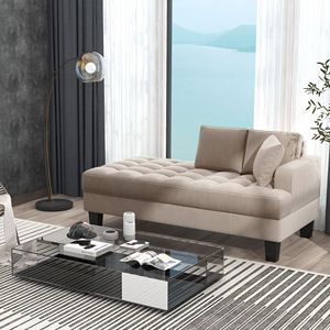 Chaise longue da 64 pollici profonda, trapuntata, in tessuto testurizzato grigio caldo, con cuscino decorativo, per soggiorno e camera da letto. Video fornito. - Product Image 2