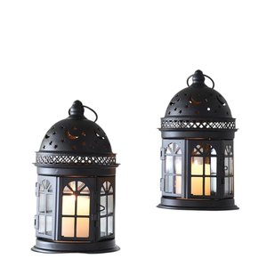 <b>Set</b> Of 2 Black Metal Decorative <b>Lanterns</b> Vintage Style Hanging Candle Holders With Tempered Glass For Indoor Outdoor Events - Product Image 1