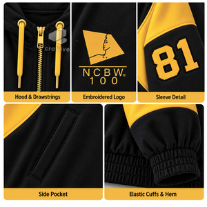 Sudadera con capucha extragrande con cremallera en bloques de color negro y dorado para mujer de la hermandad NCBW, con letras griegas bordadas, estilo universitario - Product Image 2