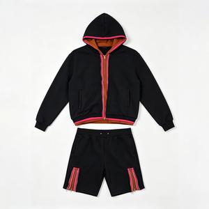 Conjunto Deportivo de 2 Piezas para Hombre con Capucha, Cierre Completo con Cremallera, Ribete en Color Contrastante, Transpirable, Agradable al Tacto, Corte Holgado, Duradero, ODM OEM - Product Image 1