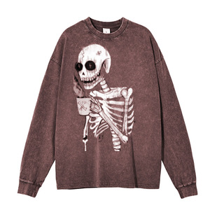 Unisex Purple Crew Neck Long Sleeve Sweatshirt Printed <b>Skeleton</b> Holding Cup Front Loose Fit All Seasons 100% Cotton - Product Image 2