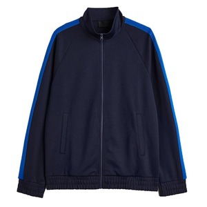 Men's Navy Blue Racer <b>Jacket</b> With Royal Blue Side Stripes Stand Collar Zipper Closure Sporty Style Knitted Polyester Autumn Wear - Product Image 6