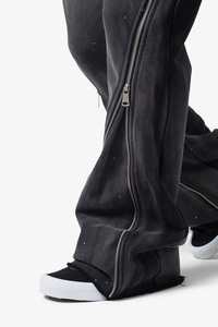 Pantalon de survêtement en velours côtelé noir pour homme, taille élastique avec cordon de serrage, poches latérales, fermeture éclair, coupe évasée, décontracté, effet usé, jambe ouverte - Product Image 5