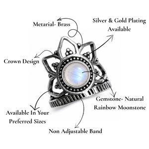 Bohemian Star Moonstone Cocktail <b>Ring</b> Brass Antique <b>Silver</b> Plated Round Natural Stone Bezel Setting Unisex Jewelry - Product Image 2