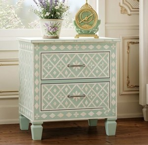 Coastal Style Bone Inlay Bedside <b>Table</b> With 3 <b>Drawers</b> Chic Nightstand Storage Cabinet Resin Inlay <b>Side</b> <b>Table</b> For Bedroom Hotels - Product Image 3