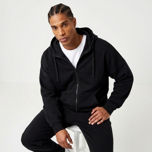 Sweat-shirt à capuche zippé noir uni pour homme, décontracté, avec cordon de serrage - Product Image 1