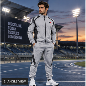 Ensemble de survêtement coupe-vent personnalisé pour homme, gris clair et noir, sublimé, avec veste de course athlétique à fermeture éclair intégrale et pantalon - Product Image 2