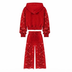 Wholesale Custom Men's <b>Red</b> Tracksuits Sets With <b>Glitter</b> Dot Print Hooded Zipper Sweatshirts And Loose Pants Casual Winter Wear - Product Image 2