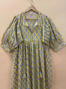 Vintage Yellow Floral Block Print Cotton Midi <b>Dress</b> with Puff Sleeves Tie-Neck <b>Loose</b> Fit Casual Summer <b>Dress</b> For Women - Product Image 4