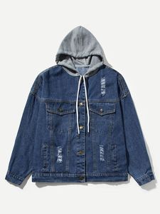 <b>Men's</b> Washed <b>Denim</b> Hoodie <b>Jacket</b> Contrast Sleeve Button Front Pockets Casual Streetwear for Autumn - Product Image 2