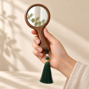 Handmade Wooden Hand <b>Mirror</b> with Tassel Round Vanity Makeup <b>Mirror</b> Natural Wood Handle Decorative <b>Dressing</b> <b>Mirror</b> Vintage Beauty - Product Image 1