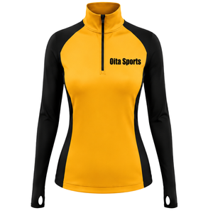 <b>Women</b> Athletic Quarter Zip <b>Top</b> Golden <b>Yellow</b> Long Sleeve Sports Training Shirt Fitted High Collar Thumbhole Performance Wear - Product Image 1
