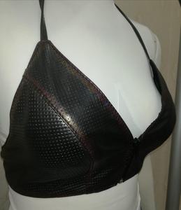 beige or light yellow leather-style halter top featuring a front zipper closure and distressed brown edging bra - Product Image 2