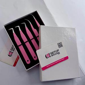 GETUP BROSONS IMPEX Light <b>Pink</b> Powder Coating Silver Glitter Diamond Grip Curved Stainless Steel Smooth Tip Eyelash Tweezers - Product Image 2