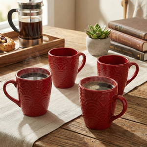 Ensemble de 4 tasses à café en céramique émaillée rouge écarlate, compatibles micro-ondes, en grès avec impression par sublimation, style fait maison - Product Image 4