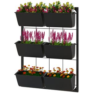 Fioriera da Parete in Metallo Zincato con 6 Vasi, Design a 3 Livelli, Nera, Migliora lo Spazio del Giardino per Fiori e Verdure, Misura Media - Product Image 1