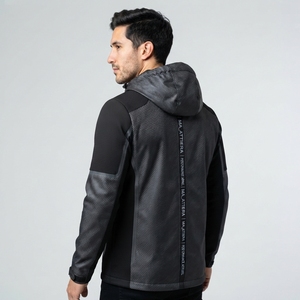 <b>Men</b> Black Gray Hooded Windbreaker <b>Jacket</b> Textured Panel Full Zip Outdoor Sports <b>Running</b> <b>Jacket</b> with Pockets - Product Image 2