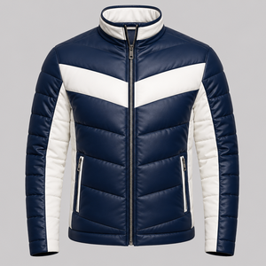 Veste d'hiver décontractée pour homme en cuir matelassé bleu et blanc avec blocs de couleur, col montant et fermeture éclair, coupe-vent - Product Image 3