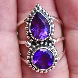 Amethyst <b>Ring</b> Handmade Sterling Silver Bezel Setting Natural Purple Pear & Round Gemstone <b>Boho</b> Jewelry February Birthstone - Product Image 5