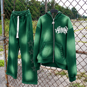Ensemble de survêtement AIFRAN SPORTS pour homme, vert, avec sweat à capuche zippé et pantalon à étoiles en strass, hiver, 100% coton molletonné, tenue streetwear - Product Image 1