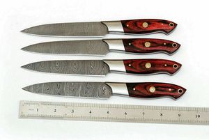 04-Piece Handmade Damascus Steel <b>Drop</b> Point Straight <b>Back</b> Multi-Functional Steak Knife Set Wood Handles Industrial Grade 3-Year - Product Image 5