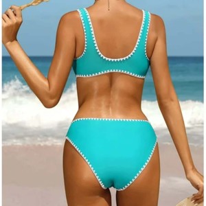 Women Solid Color Bikini <b>Set</b> <b>Square</b> Neck High Cut Contrast Binding Spandex Polyester Swimwear Two Piece Bathing Suit - Product Image 4