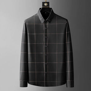 Chemise habillée noire à carreaux pour homme, manches longues, col rabattu, en coton tissé, boutonnée, pour le bureau et les occasions formelles, automne - Product Image 2