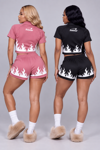 Conjunto Deportivo de 2 Piezas para Mujer, Chaqueta Corta y Pantalones Cortos con Logotipo Personalizado, Estampado de Llamas, Ropa Deportiva, Fitness, Gimnasio, Casual - Product Image 4