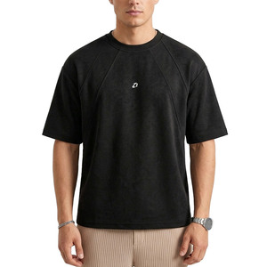 Minimalist Raglan Men's <b>shirts</b> Heavyweight <b>Suede</b> Texture Oversized T-<b>shirt</b> Solid Black Short Sleeve Hip Hop Streetwear Blank Tee - Product Image 1
