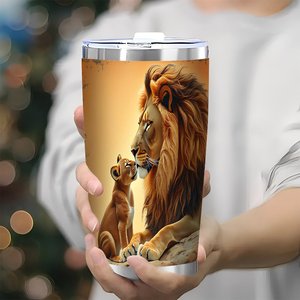 20oz Stainless Steel Tumbler <b>Double</b> <b>Wall</b> Insulated Travel <b>Mug</b> With Lion And Cub Design - Product Image 3