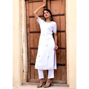 Vestido Kurta Recto de Algodón/Fibra de Bambú Transpirable para Mujer, Talla XS, Color Blanco - Product Image 2