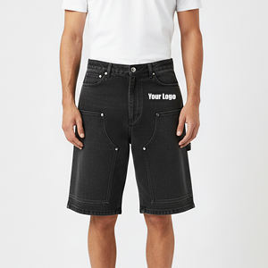 กางเกงยีนส์ขาสั้นเดนิมเนื้อผ้าฝ้าย 100% ตกแต่งลายปักโลโก้ด้านหน้าและข้างขา สไตล์สตรีทแวร์สั่งทำพิเศษ ความยาวระดับเข่า ขอบดิบ ใส่สบายๆ - Product Image 4