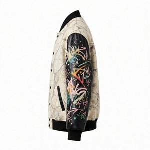 Custom Crackle Print Varsity <b>Jacket</b> With <b>Black</b> Leather Sleeves And Colourful Graffiti Street wear Design For Men And <b>Women</b> - Product Image 4