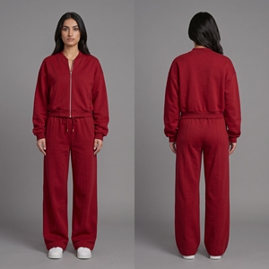 <b>Women</b> Cropped Bomber Jacket Zip Up Sweatshirt Wide Leg Sweatpants 2 Piece Tracksuit Set Casual <b>Fleece</b> <b>Jogger</b> Outfit Wholesale - Product Image 4
