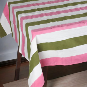 Nappe de table rayée rose, blanche et verte, 100% coton, nappe de mariage, nappe en coton rayée - Product Image 4