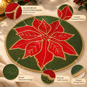 Round Poinsettia Glass Beaded Placemat Red Green Floral <b>Mat</b> Handmade <b>Christmas</b> Dining Decor Home Party Wedding | Fine Style - Product Image 5