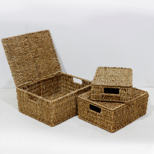 Natural Seagrass Storage <b>Basket</b> Set Eco-friendly Woven Organizer <b>with</b> <b>Lid</b> and Handle - Product Image 5