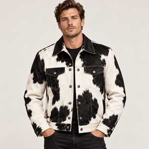 Veste en fourrure à imprimé vache noir et blanc pour homme, style western, boutonnée, col rabattu - Product Image 1