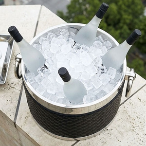 Luxury Stainless Steel Double Wall Wine <b>Ice</b> Bucket With Black Quilted Leather Wrap Silver Ring Handles Party Beverage Tub - Product Image 5