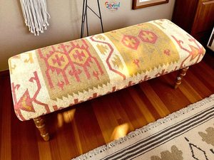 Banc à motif géométrique traditionnel, tissé à la main en laine et jute kilim écologiques, pour entrée, salon ou chambre. - Product Image 4