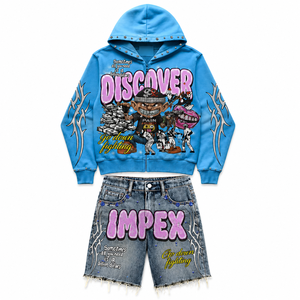 Ensemble survêtement Y2K streetwear respirant pour homme, deux pièces, 100% coton, sweat à capuche et short en jean, décontracté, coupe oversize, impression de logo personnalisée - Product Image 1