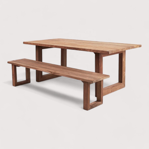 Ensemble de salle à manger en teck, table rectangulaire en bois avec 2 bancs et style minimaliste pour la décoration de la maison - Product Image 2