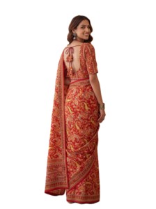 Sari en soie traditionnel indien rouge à imprimé numérique Ajrak avec blouse brodée de miroirs pour femme, tenue de mariage, longueur au sol, coupe classique - Product Image 5