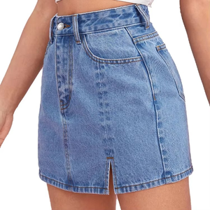 Jupe Courte en Jean Taille Haute pour Femme, Longueur Genou, Tendance Mode, avec Fente Avant, Boucles de Ceinture et Détails de Poches, OEM Disponible - Product Image 4