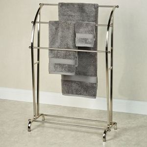 Toallero de pie de doble nivel con acabado dorado, organizador de almacenamiento para baño, diseño metálico de estilo moderno, para ropa de sala de estar - Product Image 6