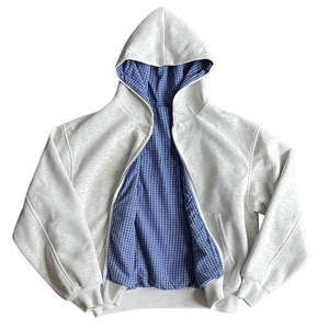 Sudadera con capucha y cremallera a cuadros, reversible, holgada, con estampado gráfico, color gris, nueva llegada 2026, servicio OEM ODM - Product Image 1