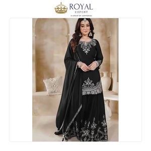 Hermosa Colección de Ropa India de Diseño, Traje Sharara de Seda Chinnon Pesada con Bordado para Mujer a Bajo Precio - Product Image 3