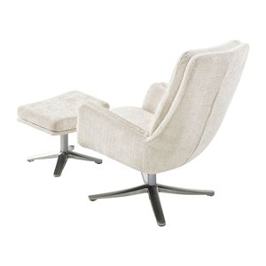 Elegante Poltrona Girevole con Poggiapiedi in Ciniglia Beige, Comodo Arredo per Soggiorno con Base in Metallo Finitura Argento - Product Image 5